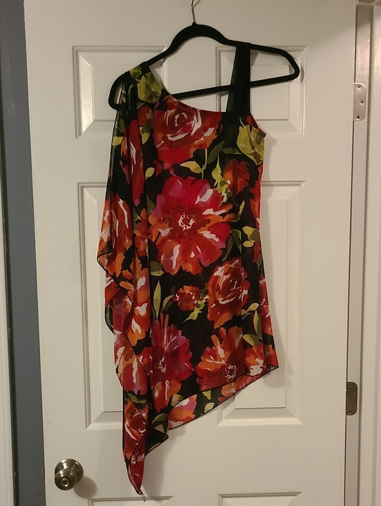 Molly & Maxx Other - Floral One-Shoulder Swim Coverup in Black with Red & Orange Blooms